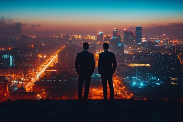 Plakat Two businessmen silhouetted against a cityscape at night, looking out at the lights of the city.