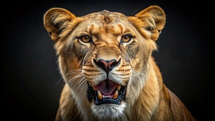 Naklejka premium Stunning Lioness Roaring Portrait on Black Background - Majestic Wildlife Photography