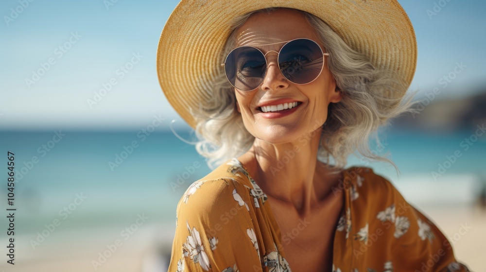 Wall mural a cheerful older woman enjoying a sunny day on the beach, wearing a wide-brimmed hat and sunglasses,