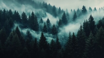 Misty landscape with fir forest in vintage retro style. Misty mountain landscape with fir forest in vintage. High Quality Image