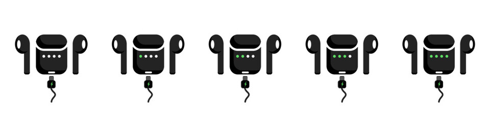 Wireless headphones icon set. Black Headphones with storage case. Headphone charger collection. Bluetooth earphones. Headset icon. Phone device.