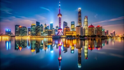 Naklejka premium Stunning Night View of Shanghai Skyline with Water Reflections for Urban Photography
