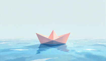 Obraz premium Minimalistic paper boat floating on calm water under a soft pastel sky