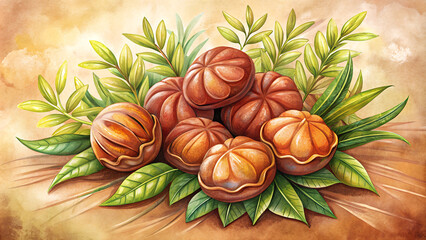 Fototapeta premium Brown nuts arranged with green leaves on earthy background