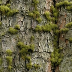 Natural Gray Old Tree Bark with Green Moss and Lichens, Moss on Bark Texture Background