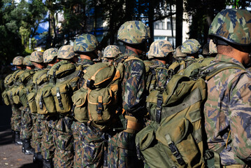 Army soldiers are seen standing during the celebration of Brazilian Independence Day. City of Salvador, Bahia.