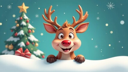 Illustration of a funny cartoon Christmas reindeer. Concept of festive mood and Christmas atmosphere. Christmas and New Year card