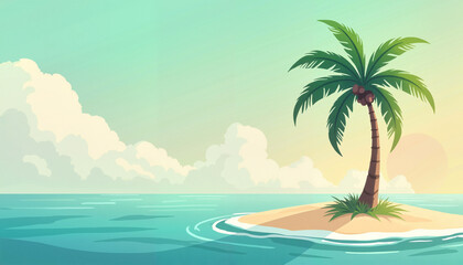 Tropical island with a palm tree and gentle waves under a serene sky