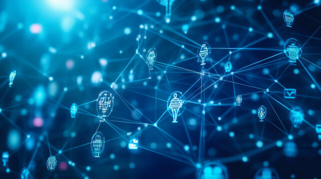 Abstract digital network graphic showing interconnected health and technology icons with blue background - Powered by Adobe