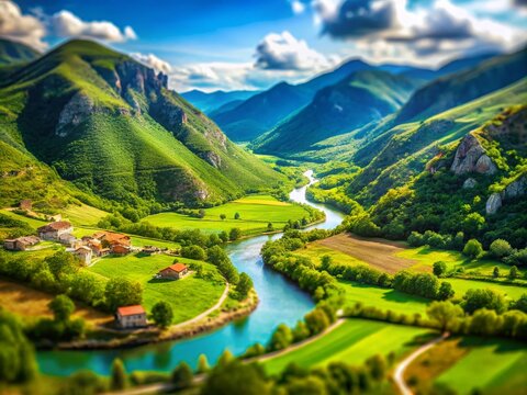 Stunning Tilt-Shift Panorama of Valdeon Valley, Leon, Spain - Breathtaking Natural Landscape Photography