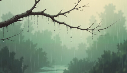 Rainy branch in a calm forest with droplets falling in a serene setting
