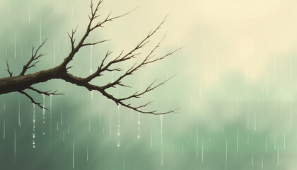 Fototapeta premium Bare tree branch with raindrops, moody atmosphere, artistic minimalist style, soft colors
