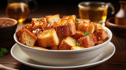 A bowl of crispy bread cubes drizzled with honey, accompanied by a cup of tea and a bowl of honey.