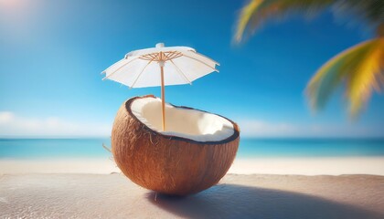 A coconut half with a tiny sun umbrella at the beach on a sunny day near the ocean. Generative AI