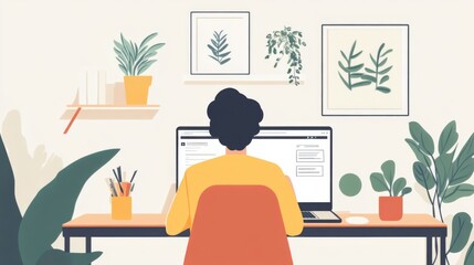 Fototapeta premium Cozy home office setup with plants, featuring a person focused on a computer screen, showcasing a productive and calming workspace environment.