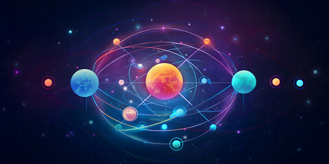 Scientific vector infographic showing the atomic structure of elements, with colorful molecules and electron configurations floating in a modern design