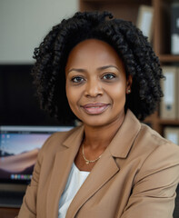 black woman in her 40s with curly hair, investor, tailored modern attire, natural lighting, blurred backdrop