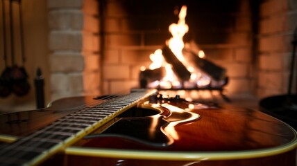 Guitar Reflecting Fireplace Glow in Cozy Room