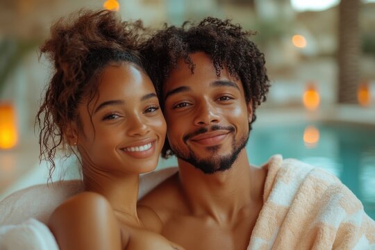 Smiling couple relaxing by the pool, wrapped in towels, exuding warmth and happiness. - Powered by Adobe
