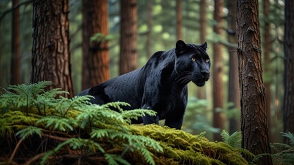 Obraz premium A majestic black panther with piercing yellow eyes stands in a dense forest, its sleek black fur blending seamlessly with the shadows. The panther is perched on a mossy rock, 