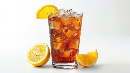 A tall glass of iced tea with lemon wedges and ice cubes on a white background.