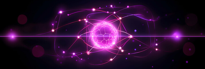 Obraz premium Vector design of nuclear fusion reactions, with glowing particles and atomic symbols interacting, abstract scientific lines forming a modern concept