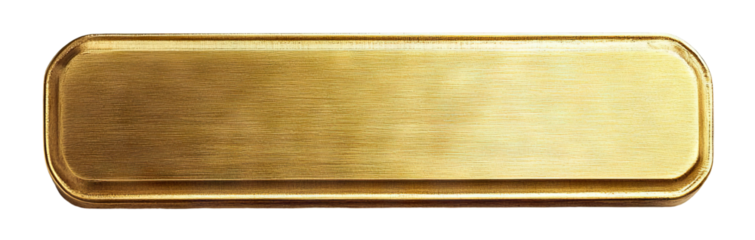Blank golden nameplate, isolated on transparent background, suitable for personalization or branding