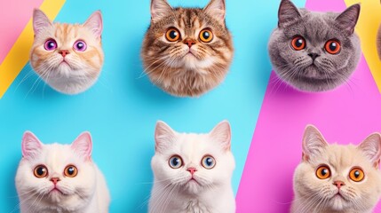 Exotic Shorthair cats with their big eyes and round faces, scattered across a studio backdrop featuring vibrant, swirling rainbow patterns.