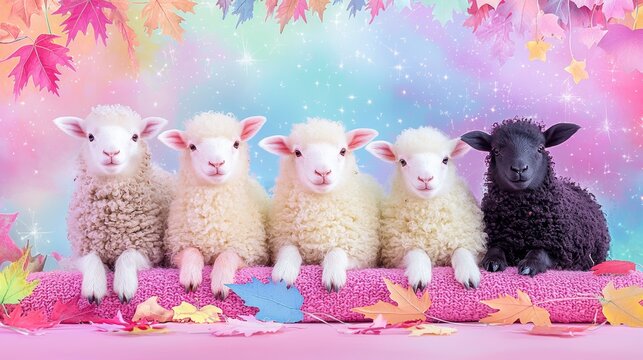 Finnsheep with their fluffy wool, placed against a multicolored backdrop featuring stars, abstract leaves, and pastel splashes for a cozy look.