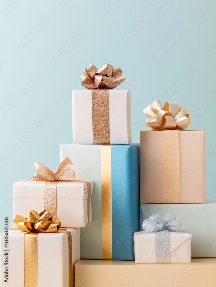 Poster geometric gift boxes with elegant bows are stacked artfully, showcasing a serene palette against a m