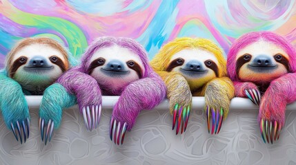 A collage of lounging sloths with their claws painted in bright colors, against a studio background featuring wavy lines and a kaleidoscope of colors.