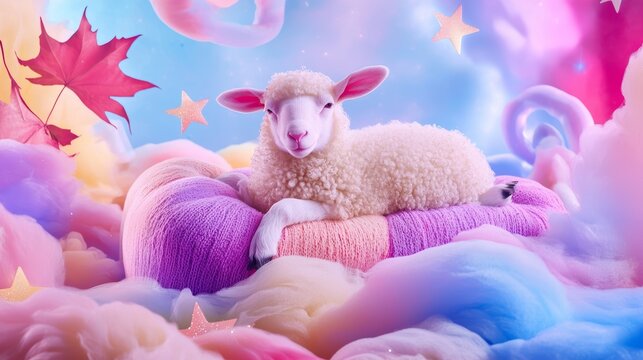 Finnsheep with their fluffy wool, placed against a multicolored backdrop featuring stars, abstract leaves, and pastel splashes for a cozy look.