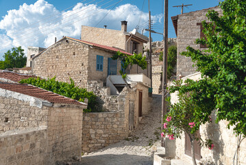 Narrow cobblestone street winding through Vouni village, Cyprus. Limassol District, Cyprus