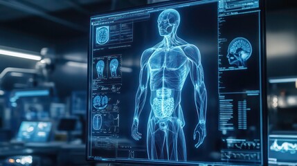 A digital human anatomy model displayed on a large monitor screen in a futuristic lab setting.