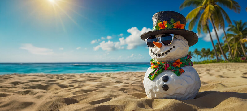 AI-generated images of snowman enjoying a tropical vacation - Powered by Adobe