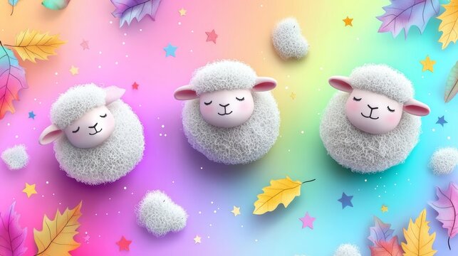 Finnsheep with their fluffy wool, placed against a multicolored backdrop featuring stars, abstract leaves, and pastel splashes for a cozy look.