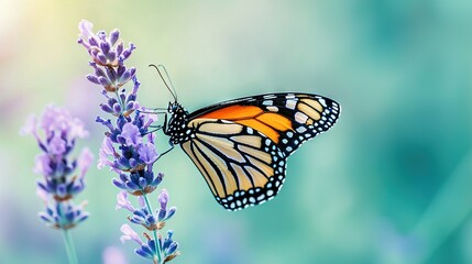 Fototapeta premium Butterfly on purple flower against green-blue backdrop, blurred sky