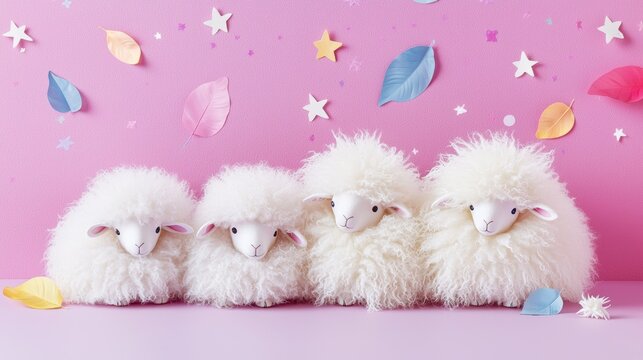 Finnsheep with their fluffy wool, placed against a multicolored backdrop featuring stars, abstract leaves, and pastel splashes for a cozy look.