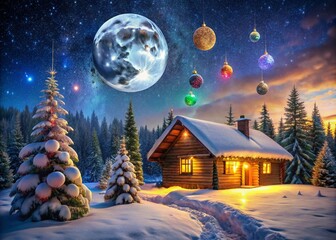 Fototapeta premium Surreal Christmas Log Cabin Wonderland with Twinkling Lights and Snowflakes