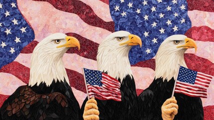 Bald eagles holding tiny American flags, placed on a colorful studio background with a blend of stars, stripes, and swirling red and blue designs.