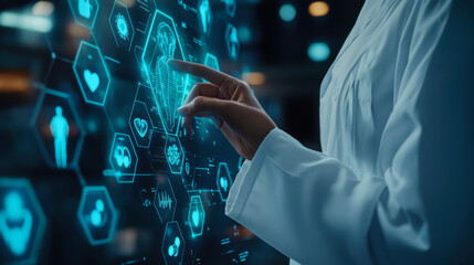 A healthcare professional interacts with advanced medical technology displaying digital health icons in a modern facility