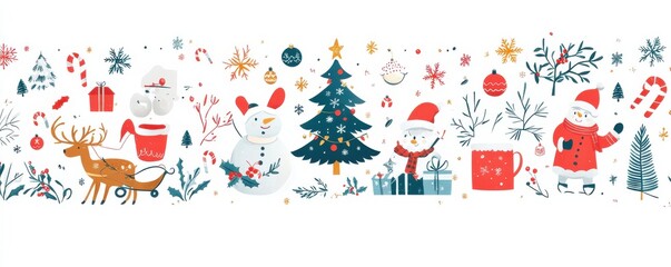 Naklejka premium Festive illustration featuring Christmas symbols and icons with Santa Claus, snowman, reindeer, gifts, Christmas trees, and ornaments in a whimsical and joyful holiday design