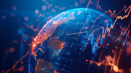 Glowing digital globe with vibrant blue and orange connections amidst a dark background showcasing global networking and technology advancement