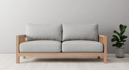 Scandinavian-inspired sofa with light wood frame and soft cushions, set in a cozy, minimalist living space, Scandinavian sofa, Nordic design