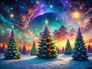 Surreal Christmas Tree Silhouettes in a Dreamlike Winter Landscape