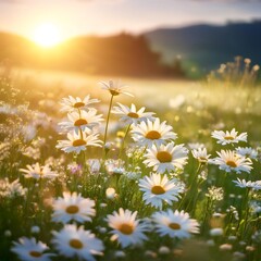 A serene summer field of blooming chamomile flowers under a golden sunrise in a peaceful rural landscape. Generative AI