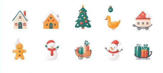 Adorable illustration featuring cute Christmas icons including snowmen, gingerbread house, Christmas tree, gingerbread man, gifts, and sleigh, all exuding a festive, joyful holiday spirit.