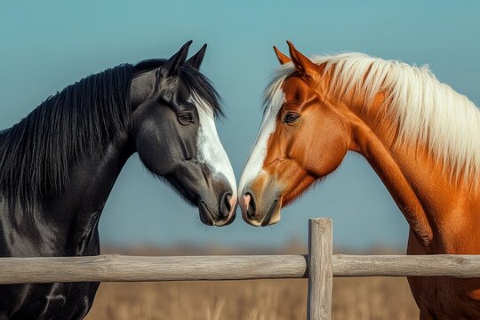 Two horses, one black and one brown, with white markings, nuzzle each other over a wooden fence.