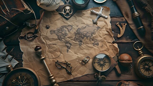 Vintage compass, world map, and nautical instruments on a rustic wooden table.