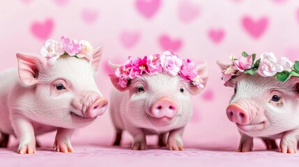 Mini pigs playing with flower crowns, set against a pastel-toned studio background featuring abstract hearts and playful patterns.
